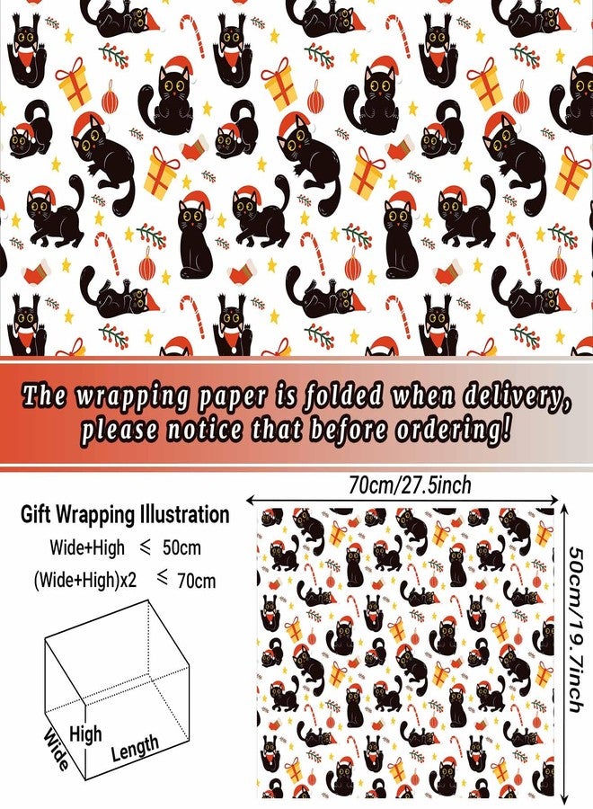 Bolsome 12 Sheets Cat Christmas Wrapping Paper Adorable Cartoon Xmas Black Kitty in Santa Hats Gift Wrap Paper for Holiday Xmas Party Celebration, 20" x 28" (Cat) - Image 2